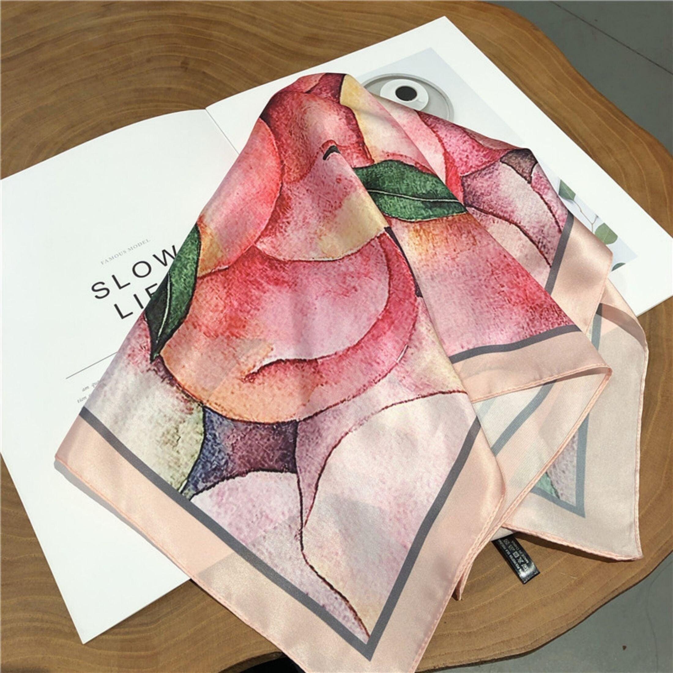 Peach pattern/100% Vegan Silk Scarf/Silk head scarf/55*55cm/Silk hair scarf/Silk neck scarf/Silk bandana/Bag Accessory/Gift for her