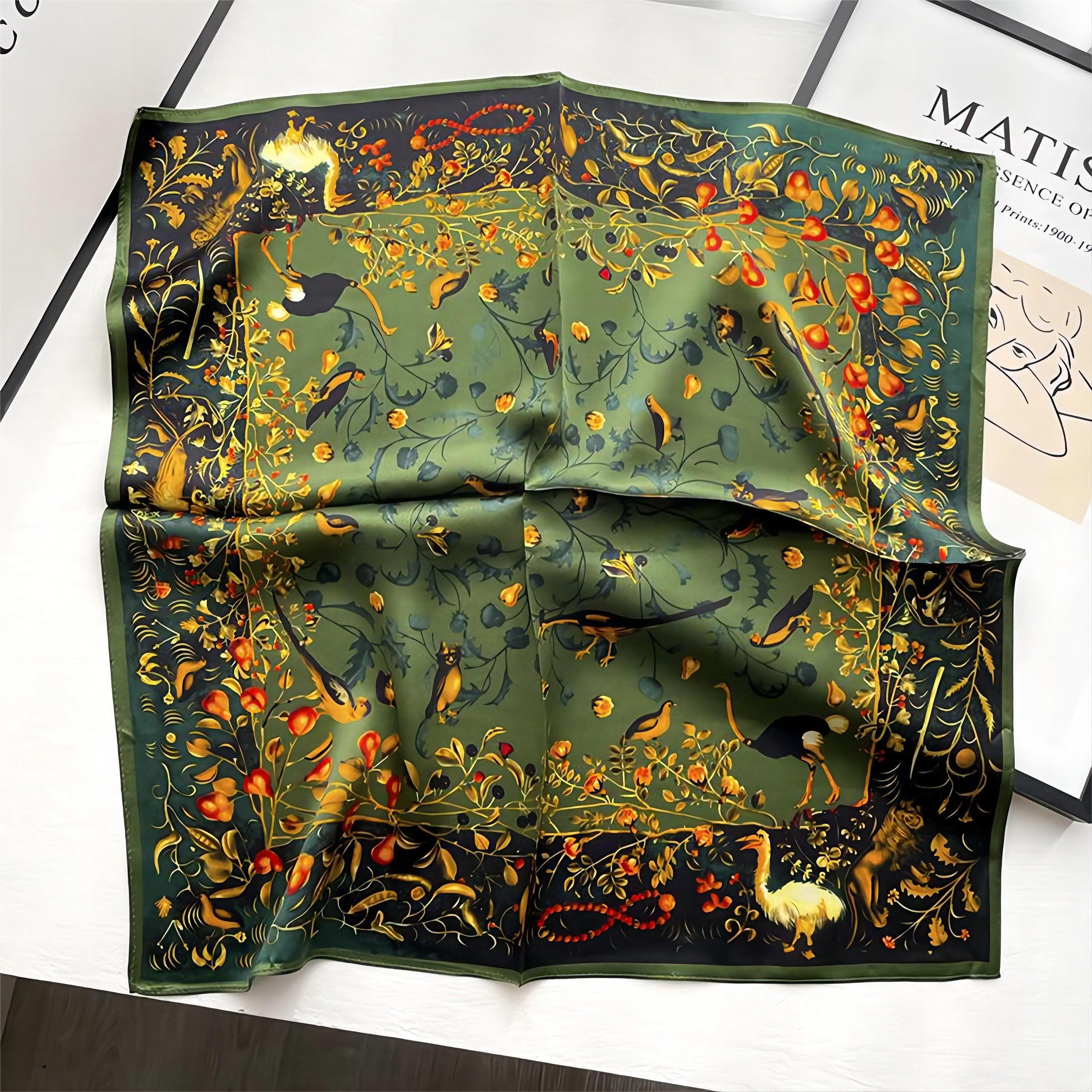 Green Flora Silk Scarf/100% mulberry Silk Scarf/Silk head scarf/Silk hair scarf/Silk neck scarf/Silk bandana/Bag Accessory/Gift for her