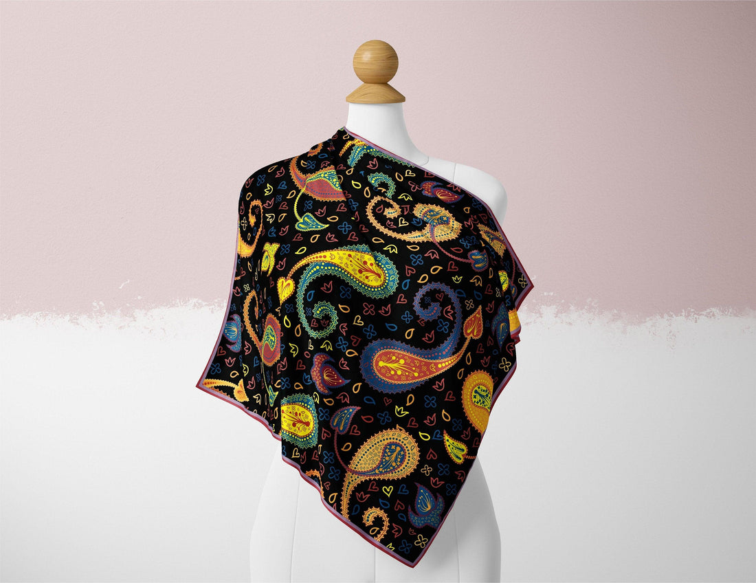 Modern and playful paisley print silk scarf - Vibrant Yellow, Red, and Black - Designer Original - Customizable Fabric and Size - Women&