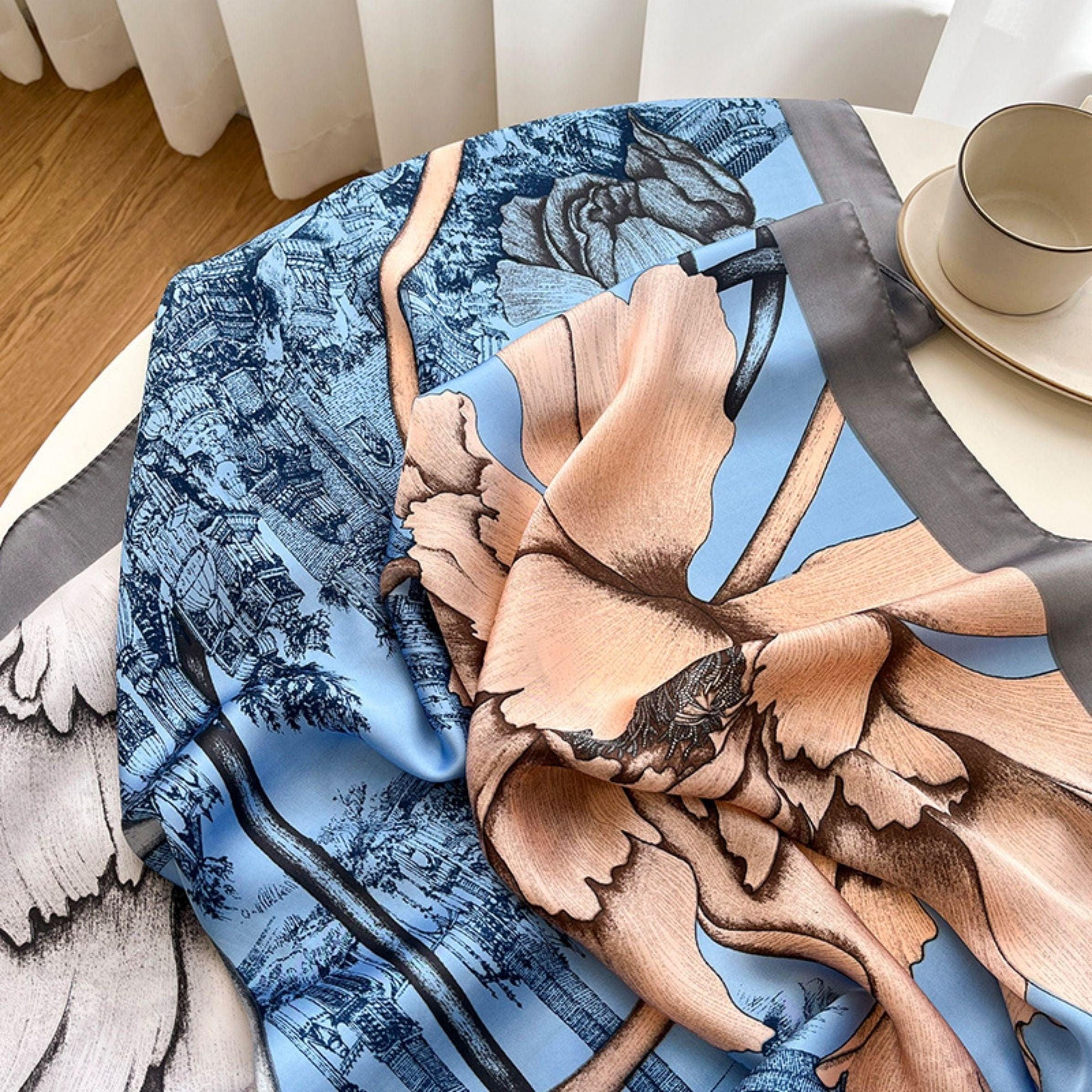 Turkish Blue Flora Chic Large Satin Scarf | 90x90cm Bandana | Twill Satin Shawl | Perfect Gift for Her, Mother&