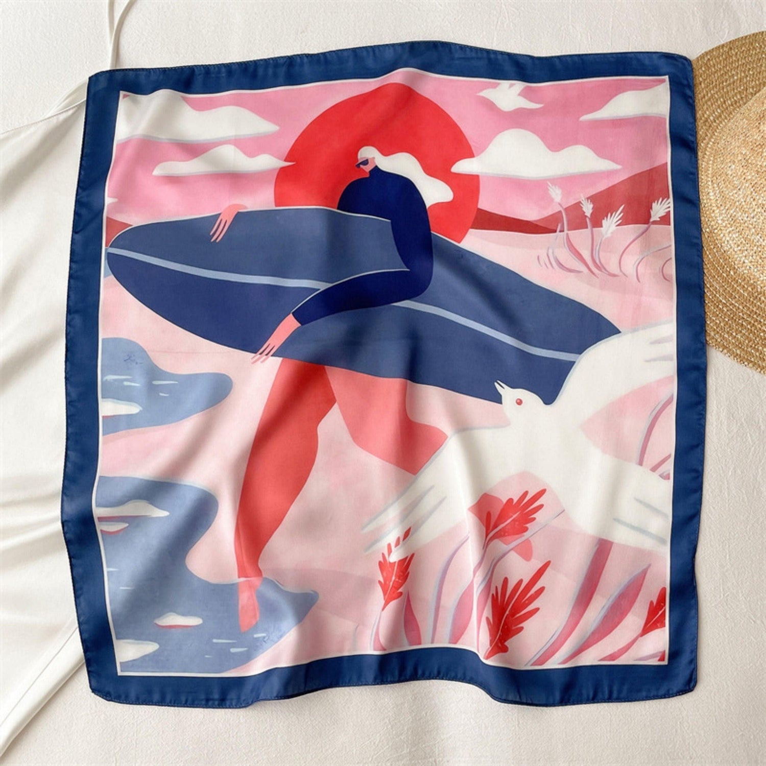 Surfing Girl Sacrf/100% Veganer Seidenschal/Seidenkopfschal/55*55cm/Seidenhaarschal/Seidenhalstuch/Seidenbandana/Taschenaccessoire/Geschenk für sie