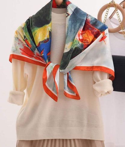 Oil Painting Chic Large Satin Scarf | 90x90cm Bandana | Twill Satin Shawl | Perfect Gift for Her, Mother&