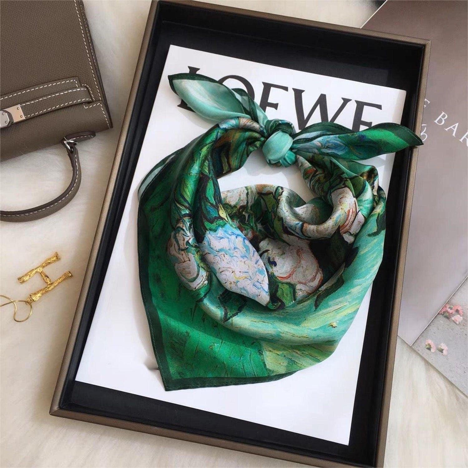 Green oil painting texture 100% mulberry Silk Scarf/Silk hair scarf/Silk neck scarf/Mother&