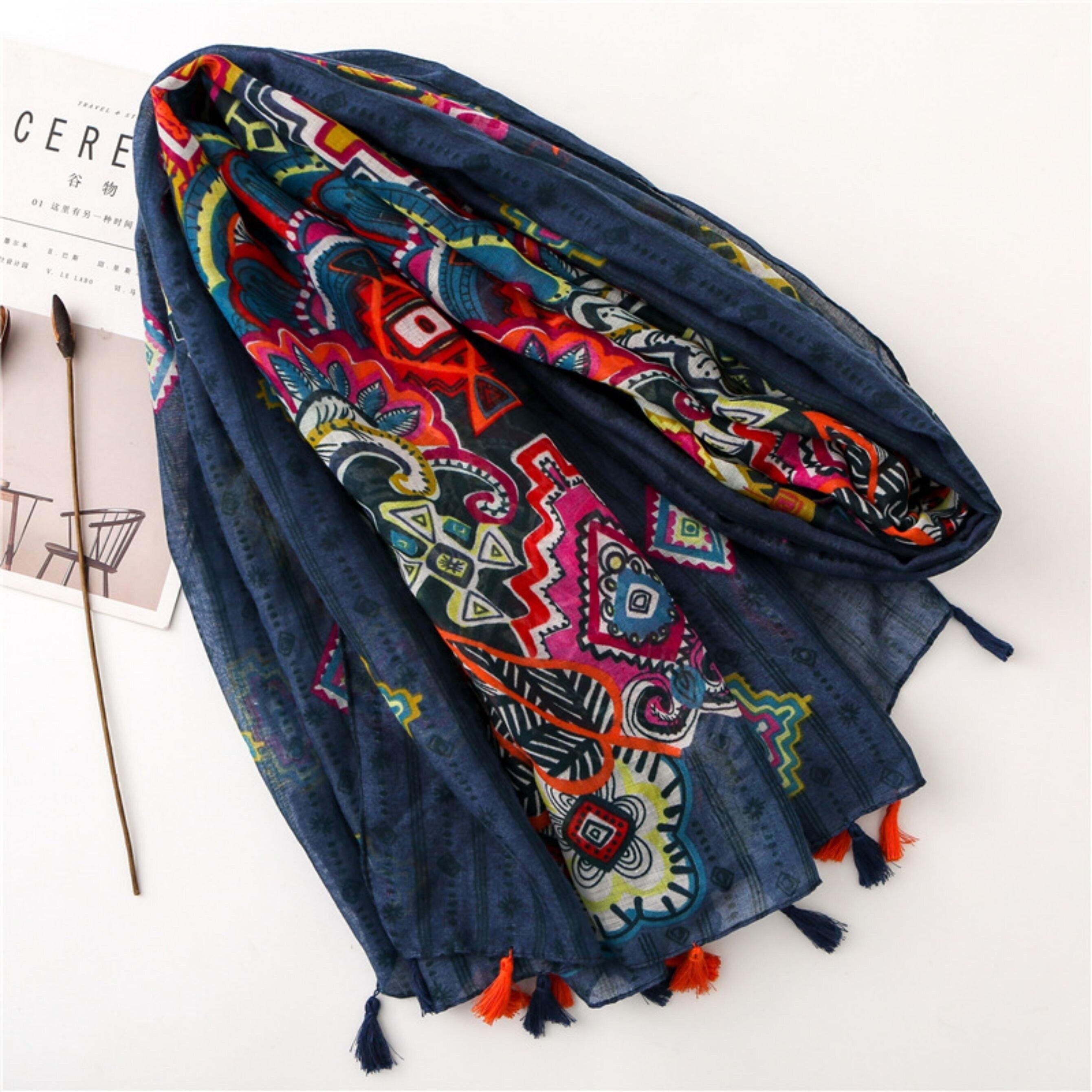 Colorful Boho Sarong/180cm*90cm/Cotton linen feel/Boho shawl/Head scarf/Tassels scarf/Voile Scarf/Boho gifts/Dark gypsy pattern