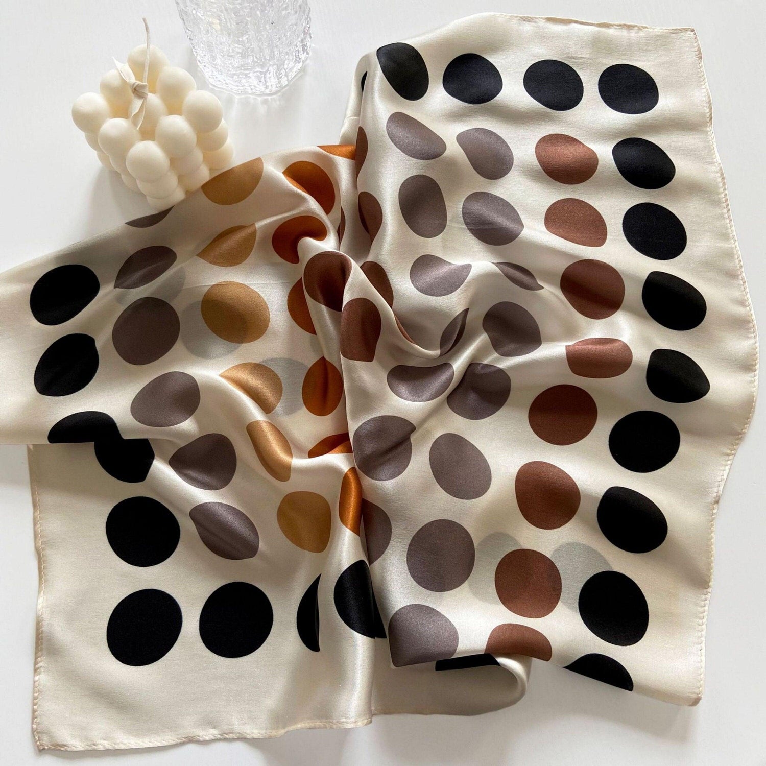 Caramel Polka Dots 100% mulberry Silk Scarf/Silk head scarf/Silk hair scarf/Silk neck scarf/Mother&