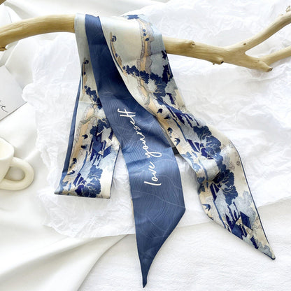 Oriental Watercolour Skinny Scarf,Elegant Slender Neckerchief,Small Headband Hairband/Gift For Her