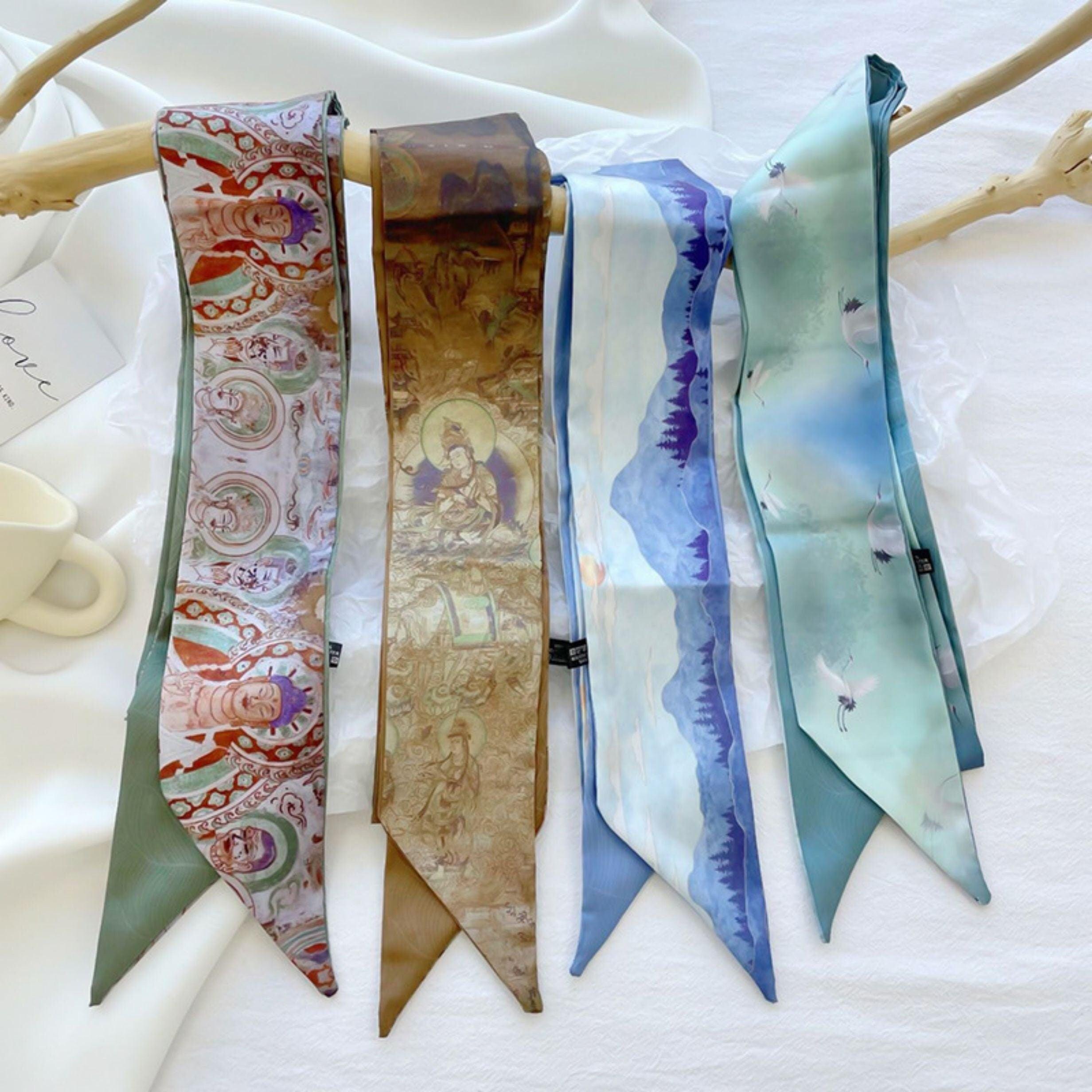 Oriental Watercolour Skinny Scarf,Elegant Slender Neckerchief,Small Headband Hairband/Gift For Her