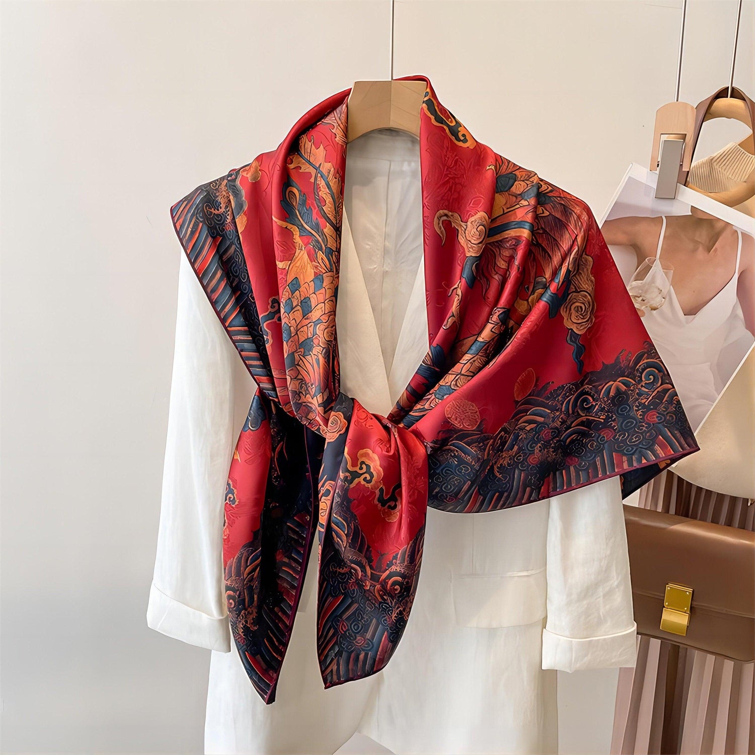 Twin Phoenix Pattern Double-Sided Jacquard Scarf/Elegant 140x140cm Square Scarf/Extra Large Shawl for Women/Versatile Gift for Her